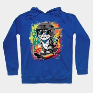 A unique and fun design featuring a stylish cat wearing a helmet and skateboarding. (3) Hoodie